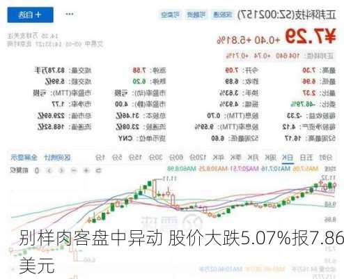 别样肉客盘中异动 股价大跌5.07%报7.86美元