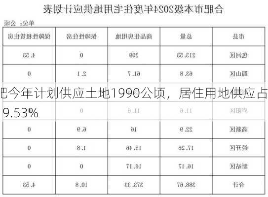 合肥今年计划供应土地1990公顷，居住用地供应占比19.53%