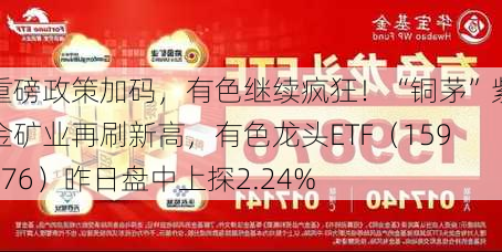 重磅政策加码，有色继续疯狂！“铜茅”紫金矿业再刷新高，有色龙头ETF（159876）昨日盘中上探2.24%