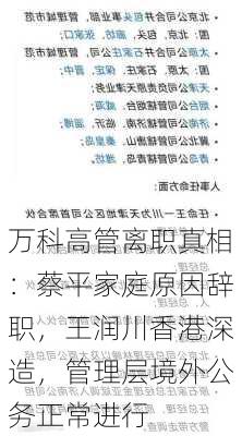 万科高管离职真相：蔡平家庭原因辞职，王润川香港深造，管理层境外公务正常进行