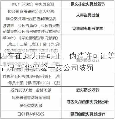 因存在遗失许可证、伪造许可证等情况 新华保险一支公司被罚