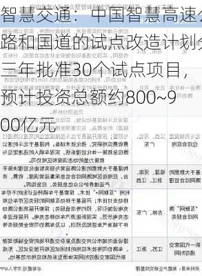 智慧交通：中国智慧高速公路和国道的试点改造计划分三年批准30个试点项目，预计投资总额约800~900亿元