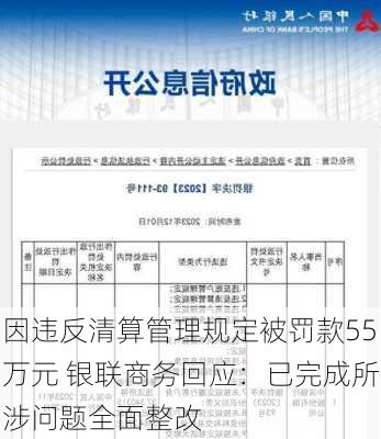 因违反清算管理规定被罚款55万元 银联商务回应：已完成所涉问题全面整改