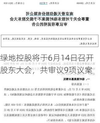 绿地控股将于6月14日召开股东大会，共审议9项议案