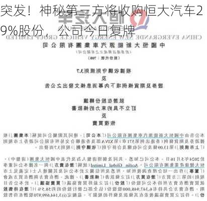 突发！神秘第三方将收购恒大汽车29%股份，公司今日复牌