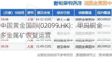 中国黄金国际(02099.HK)：甲玛铜金多金属矿恢复运营