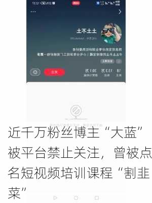 近千万粉丝博主“大蓝”被平台禁止关注，曾被点名短视频培训课程“割韭菜”