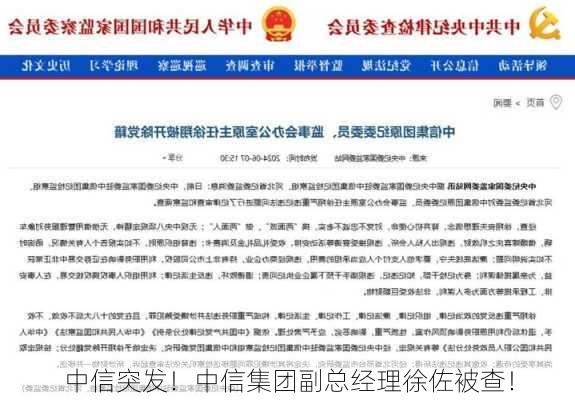 中信突发！中信集团副总经理徐佐被查！