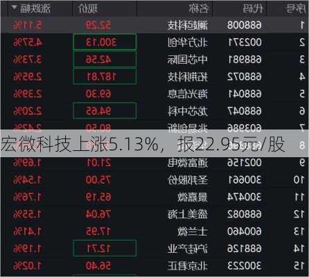 宏微科技上涨5.13%，报22.95元/股