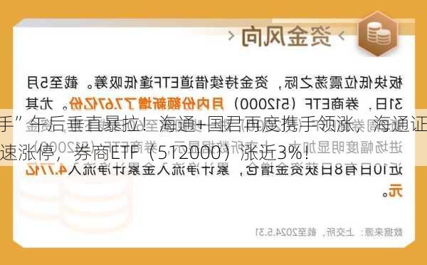 “旗手”午后垂直暴拉！海通+国君再度携手领涨，海通证券火速涨停，券商ETF（512000）涨近3%！