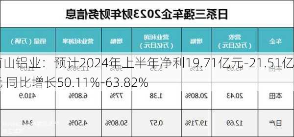 南山铝业：预计2024年上半年净利19.71亿元-21.51亿元 同比增长50.11%-63.82%