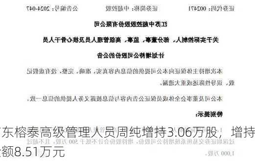 广东榕泰高级管理人员周纯增持3.06万股，增持金额8.51万元