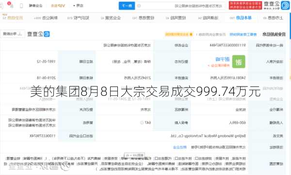 美的集团8月8日大宗交易成交999.74万元