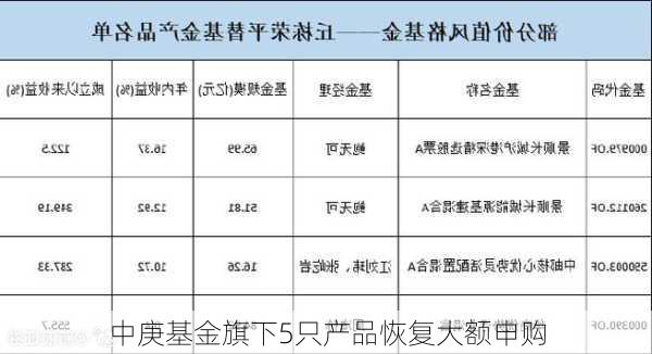 中庚基金旗下5只产品恢复大额申购