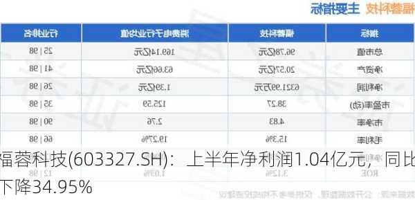 福蓉科技(603327.SH)：上半年净利润1.04亿元，同比下降34.95%