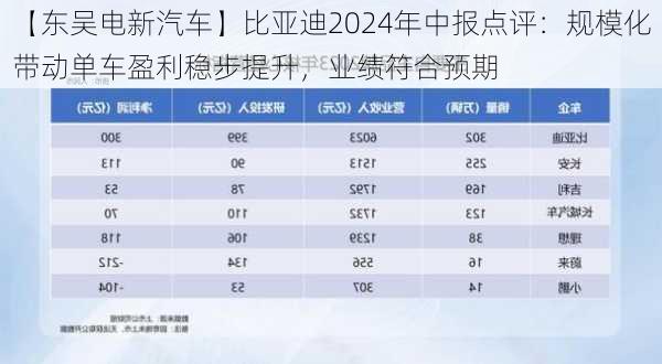 【东吴电新汽车】比亚迪2024年中报点评：规模化带动单车盈利稳步提升，业绩符合预期