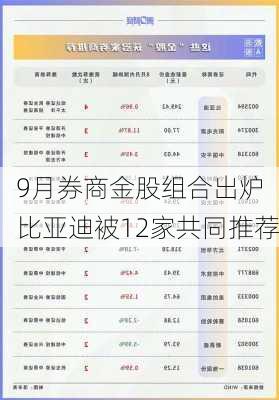 9月券商金股组合出炉 比亚迪被12家共同推荐