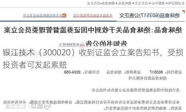 银江技术（300020）收到证监会立案告知书，受损投资者可发起索赔