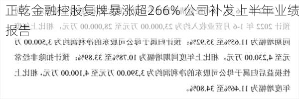 正乾金融控股复牌暴涨超266% 公司补发上半年业绩报告