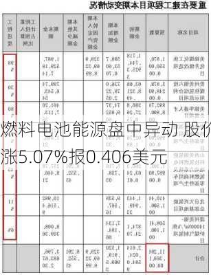 燃料电池能源盘中异动 股价大涨5.07%报0.406美元