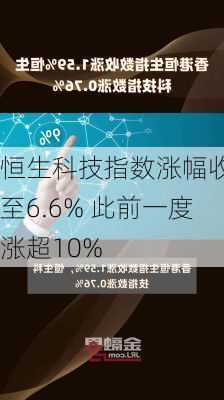 恒生科技指数涨幅收窄至6.6% 此前一度涨超10%