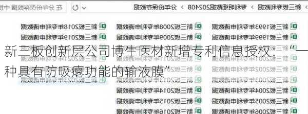 新三板创新层公司博生医材新增专利信息授权：“一种具有防吸瘪功能的输液膜”