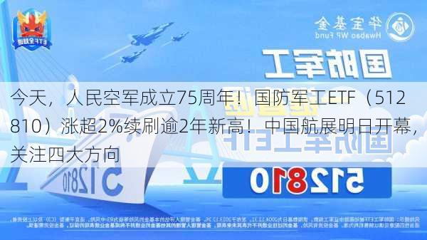 今天，人民空军成立75周年！国防军工ETF（512810）涨超2%续刷逾2年新高！中国航展明日开幕，关注四大方向